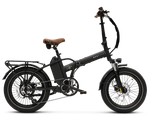 Foldable MOD City+ electric bike with full suspension, lightweight design, and stylish brown seat.