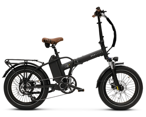 Foldable MOD City+ electric bike with full suspension, lightweight design, and stylish brown seat.