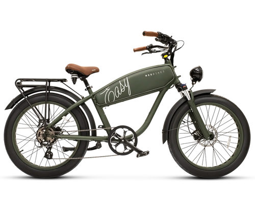 Green MOD Easy 3 electric bike with retro frame and built-in battery, reflecting classic cruiser style.