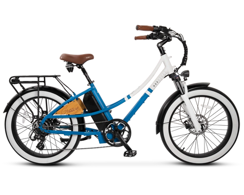 MOD Groove Step-Thru electric beach cruiser bike with wide tires, powerful motor, and classic Americana design.
