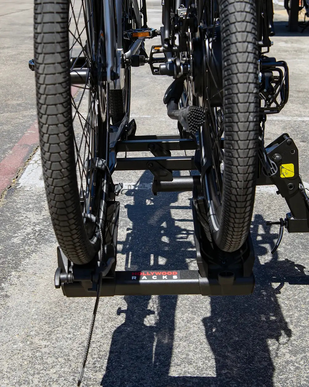 Hollywood Destination E-Bike Rack with expandable aluminum ramp for secure bike transport on an adventure.