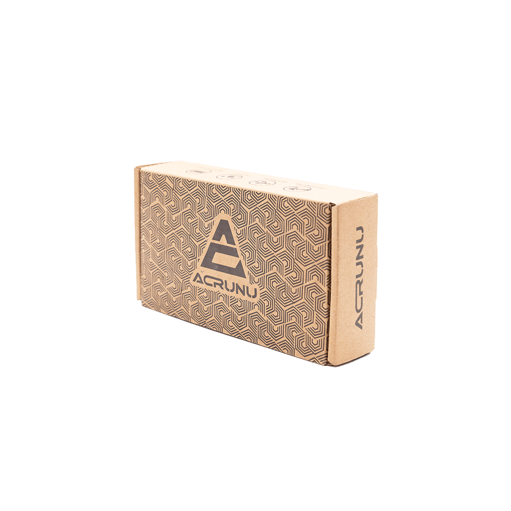 Side view of a cardboard box with geometric patterns and a logo.