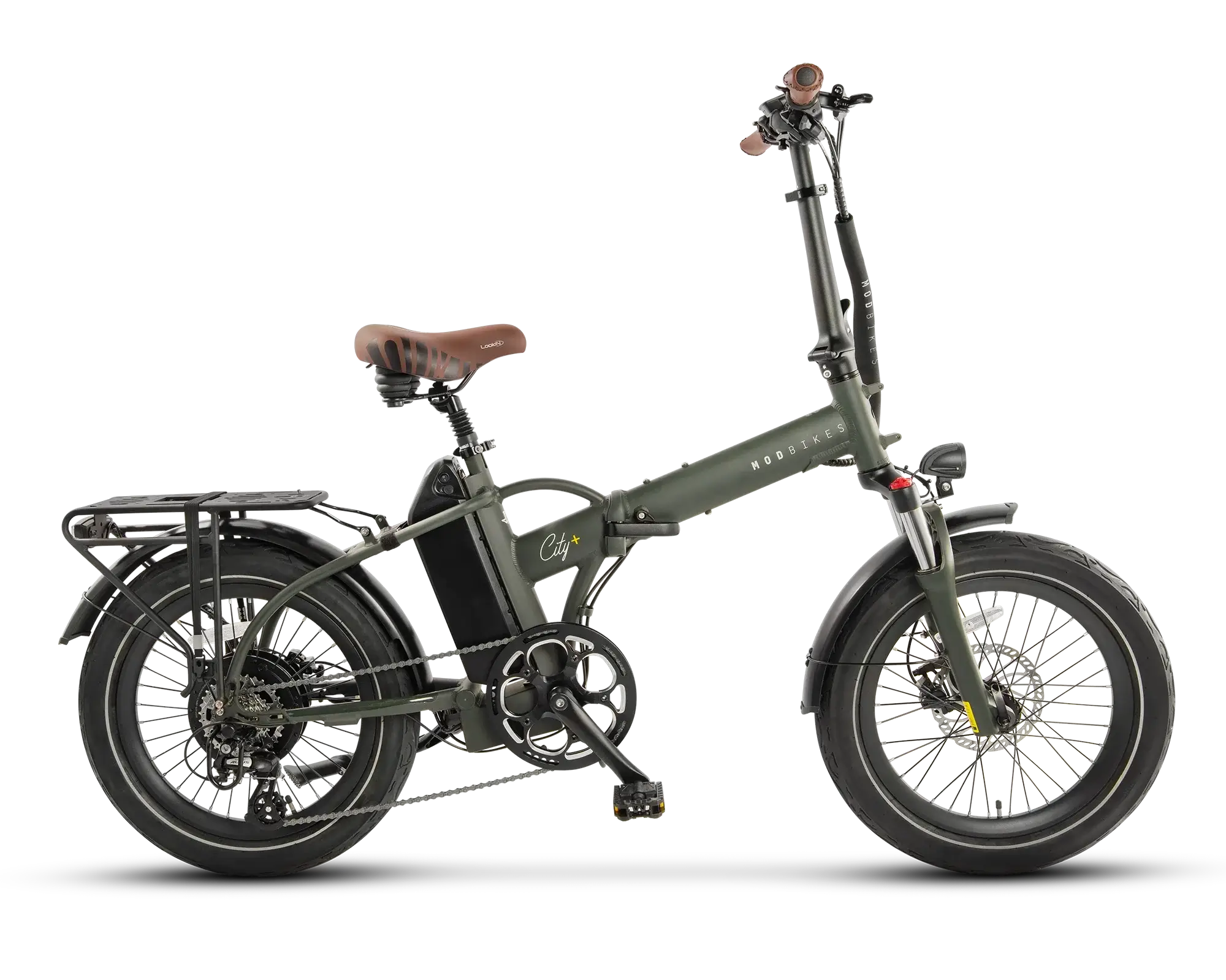 MOD City+ 3 Foldable Electric Bike in green, full-suspension design, perfect for urban adventures.