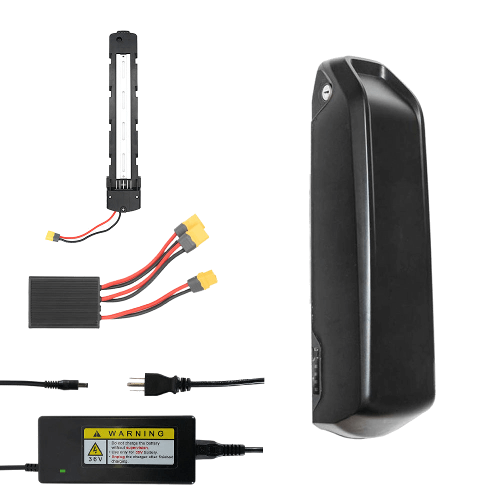 MOD Dual Battery Kit components including 15Ah battery, charger, and connectors for enhanced bike performance.