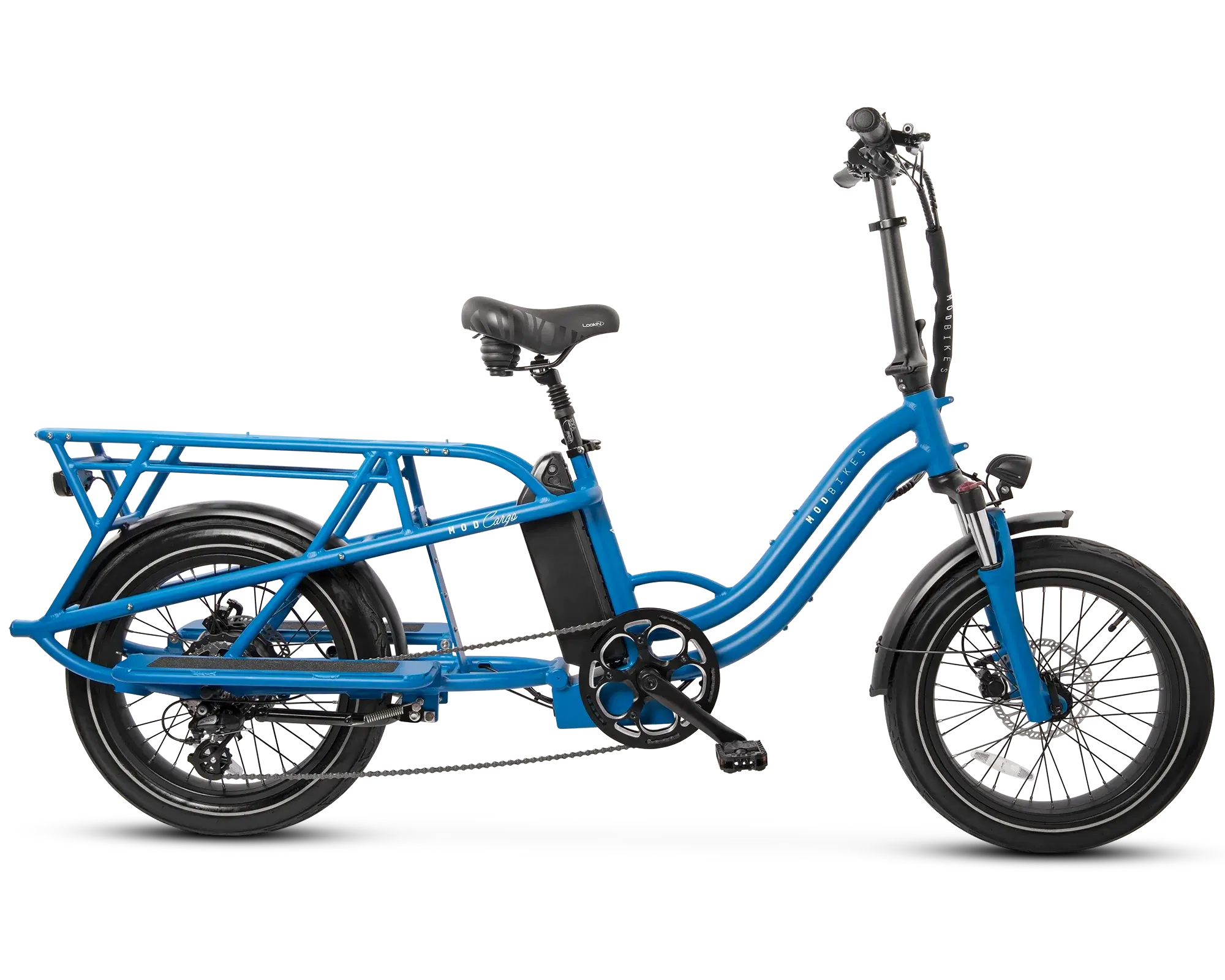 Blue MOD CarGo 3 electric bike with extended Snap-On rack, designed for versatile hauling and dual battery option for efficient transport.