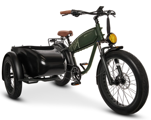 MOD Easy SideCar 3 e-bike with sidecar, torque-sensing electric system, dual battery, designed for adventure. Patent No D1060140.