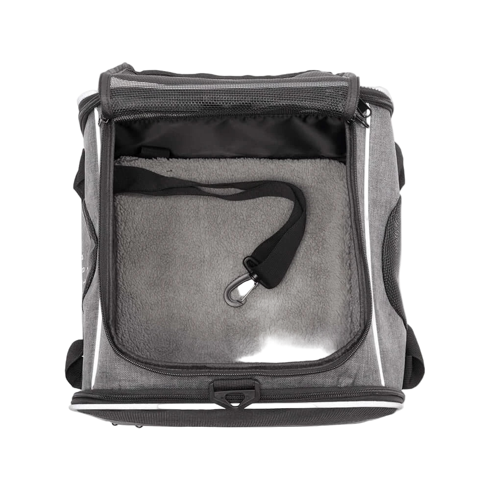Interior view of MOD Pawsenger Pet Carrier Bag with padded bottom and adjustable safety leash.