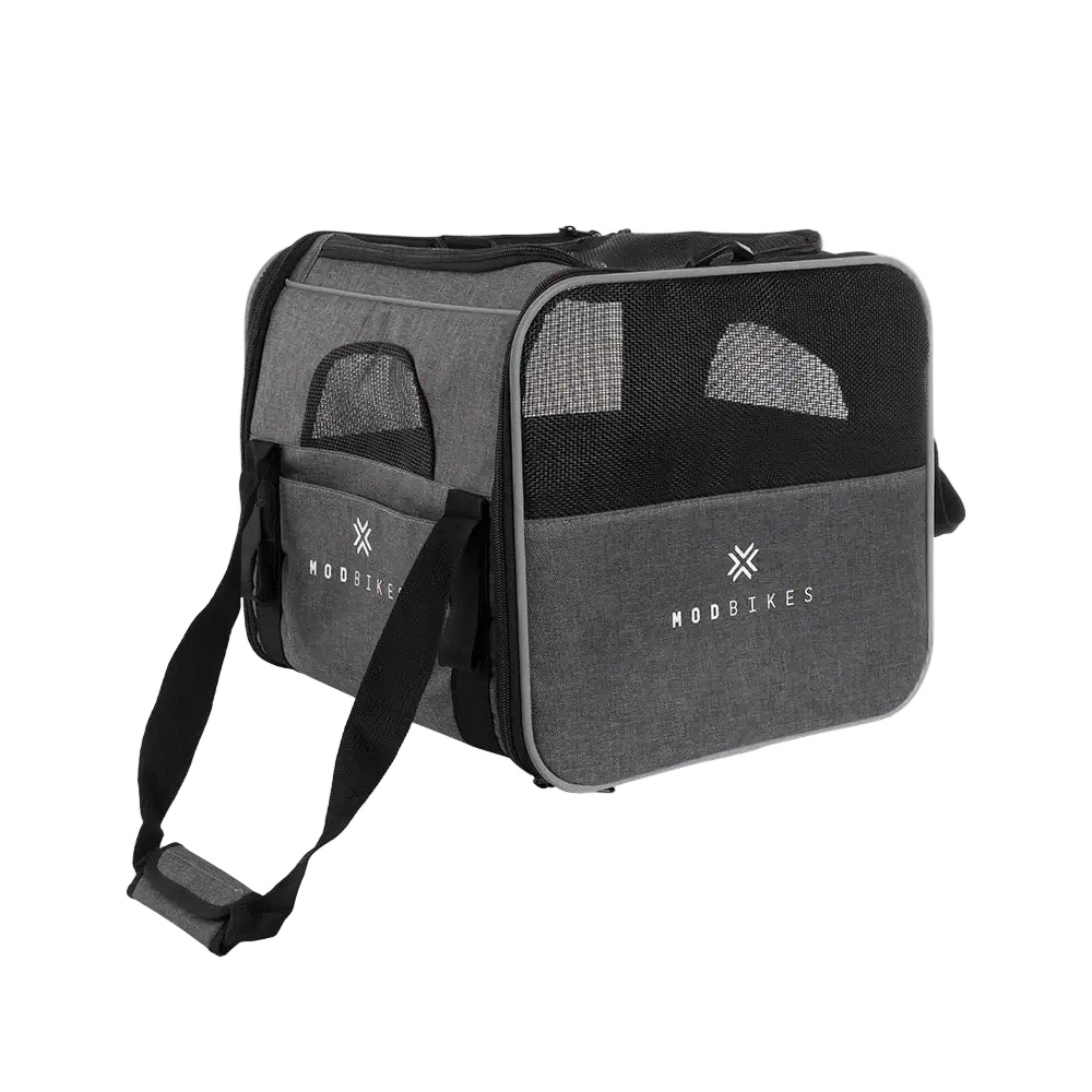 MOD Pawsenger pet carrier bag featuring mesh windows, adjustable strap, and padded interior for comfort.