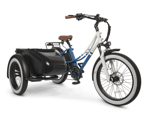 MOD Groove SideCar 3 beach cruiser with a sidecar, featuring a step-through frame and wide tires for easy rides.
