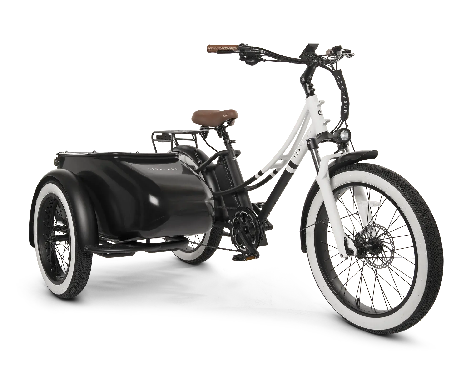 MOD Groove SideCar 3 beach cruiser with step-through frame, sidecar, and wide tires for easy riding.