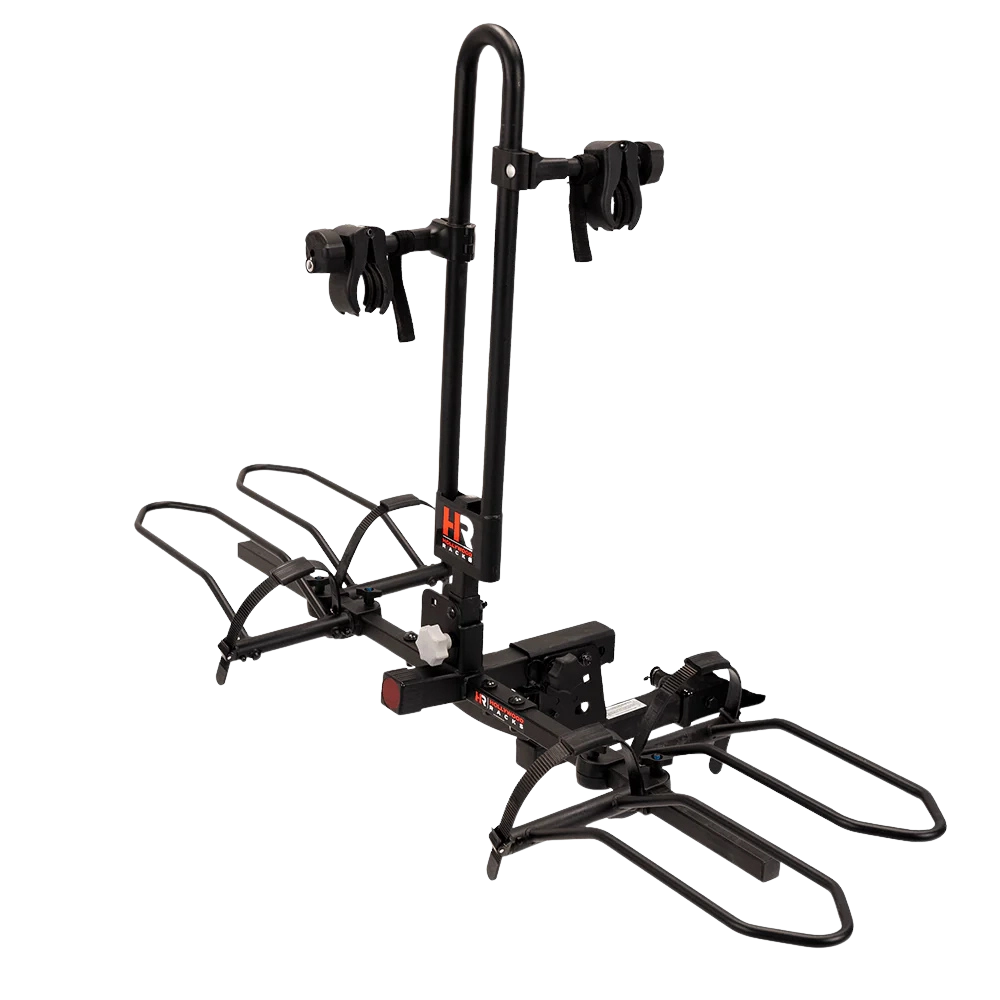 Hollywood RV Rider E-Bike Rack with locking frame grabbers and heavy-duty wheel holders for secure transportation on 2-inch hitches