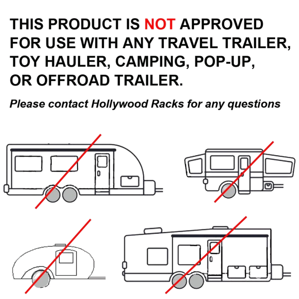 Diagram showing vehicles unsuitable for Hollywood RV Rider E-Bike Rack including trailers and haulers with red cross marks.