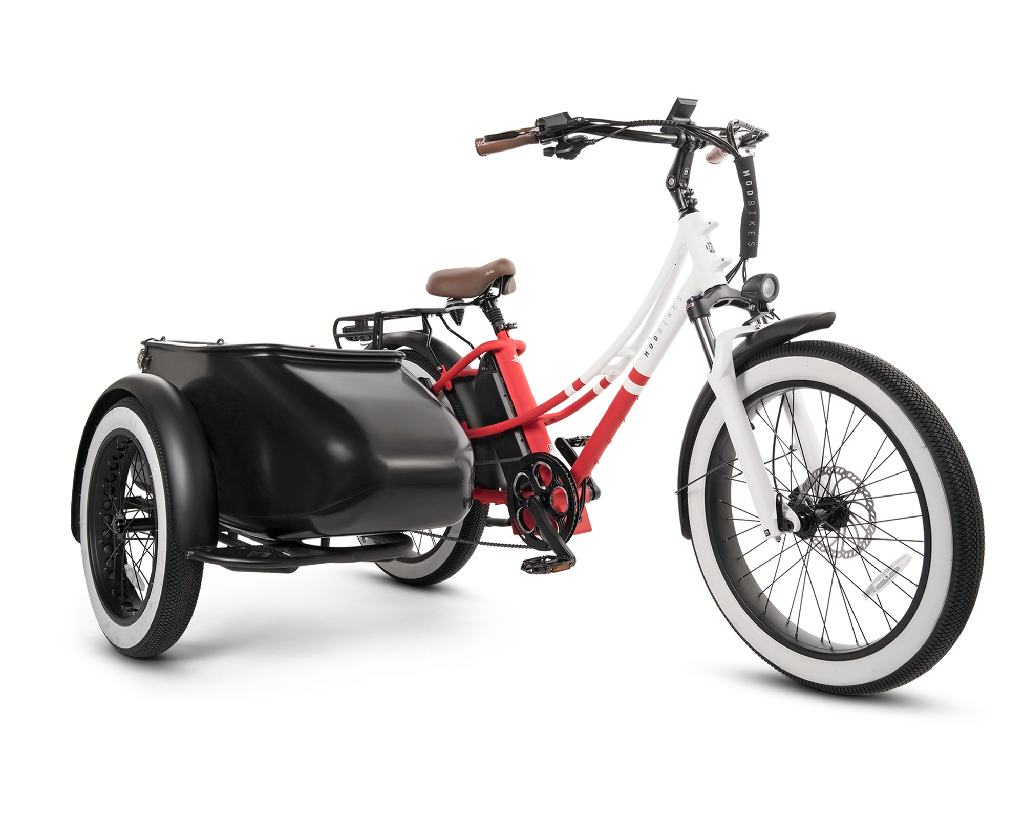 MOD Groove SideCar e-bike with sidecar and step-through frame, featuring wide tires and a powerful motor for easy beach cruising.