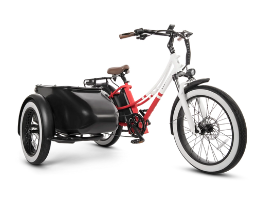 MOD Groove SideCar e-bike with sidecar and step-through frame, featuring wide tires and a powerful motor for easy beach cruising.