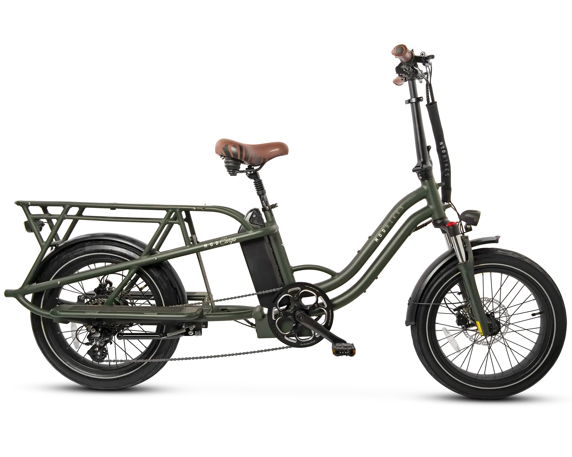 MOD CarGo 3 versatile e-bike with Snap-On rack, sturdy frame, and dual battery option for heavy load transport.