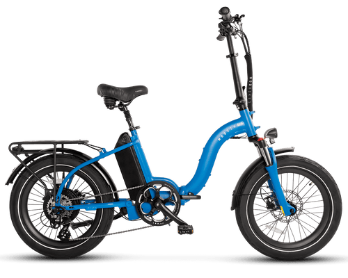 MOD City+ Step-Thru 3 foldable electric bike in Ocean Blue, perfect for adventures and a versatile choice among ebikes.