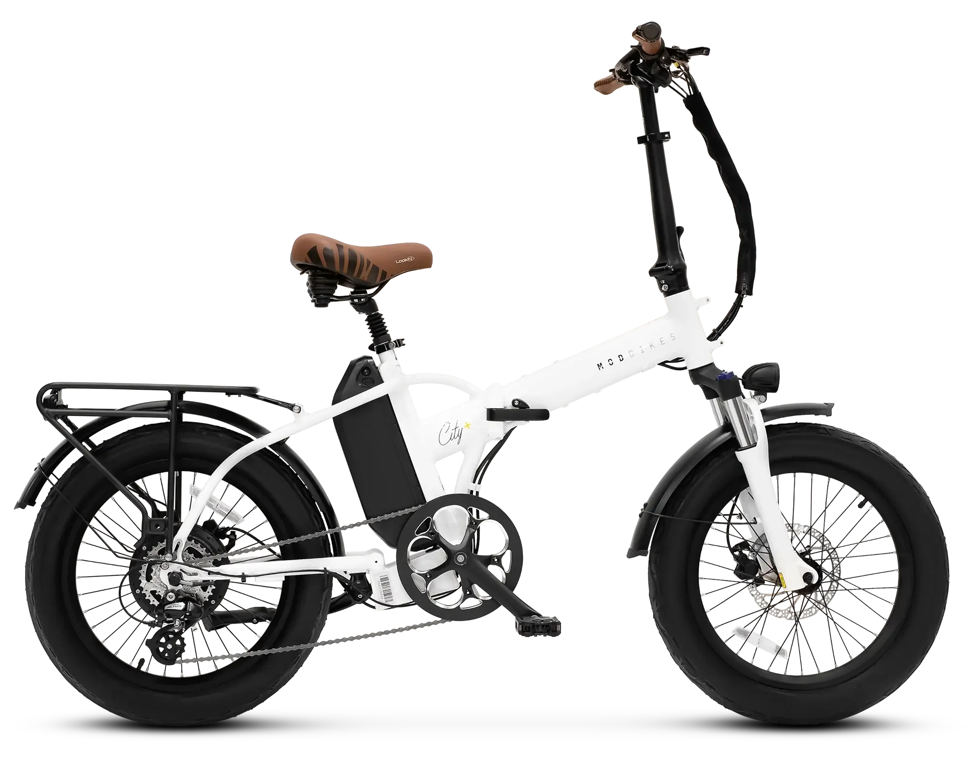 MOD City+ 3 Foldable Electric Bike featuring full suspension, lightweight design, and retro-style seat.
