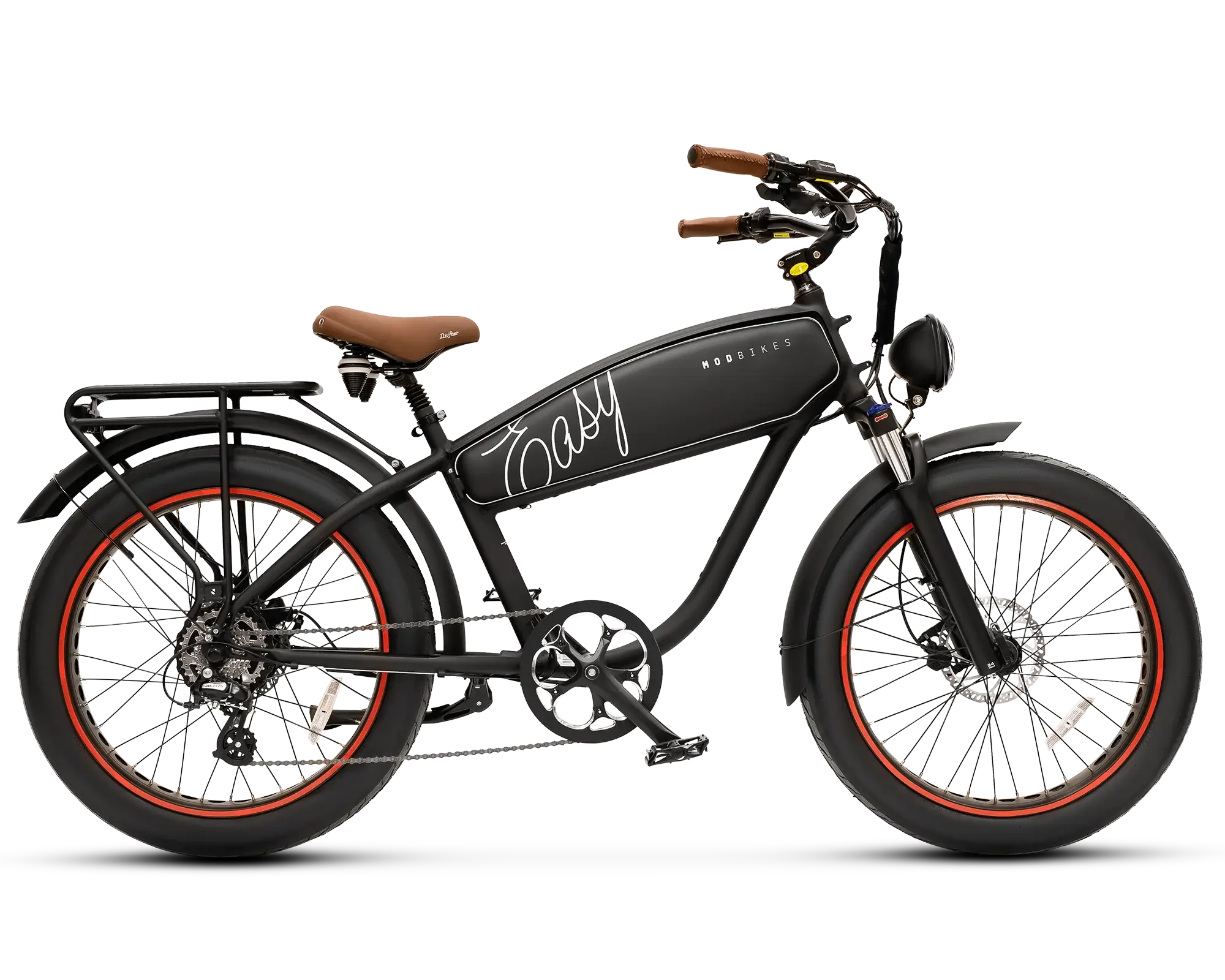 MOD Easy 3 electric bike cruiser with retro frame and built-in battery, showcasing style and power.