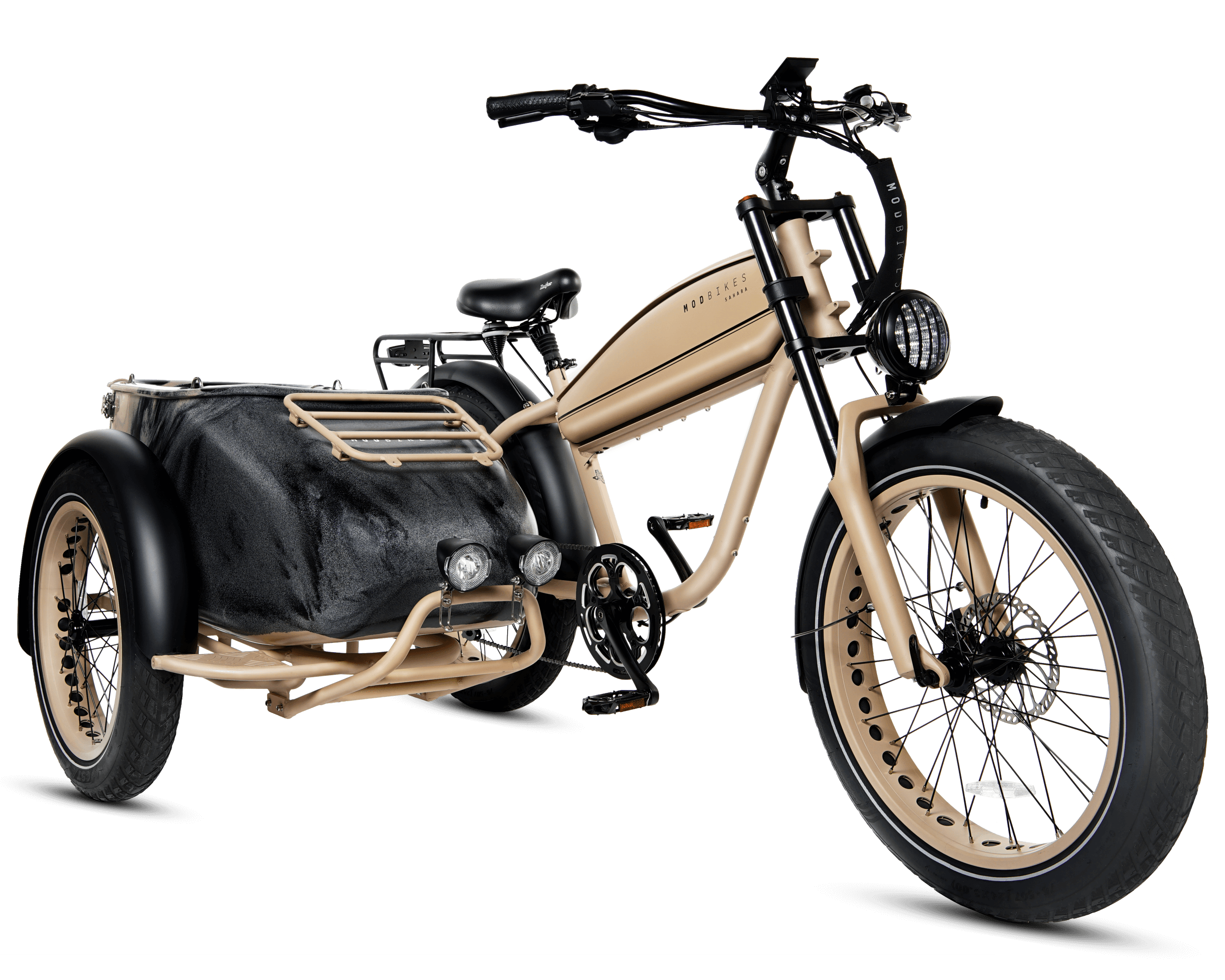 MOD Easy SideCar Sahara, a retro-inspired bike with custom paint, torque sensor, and large battery.