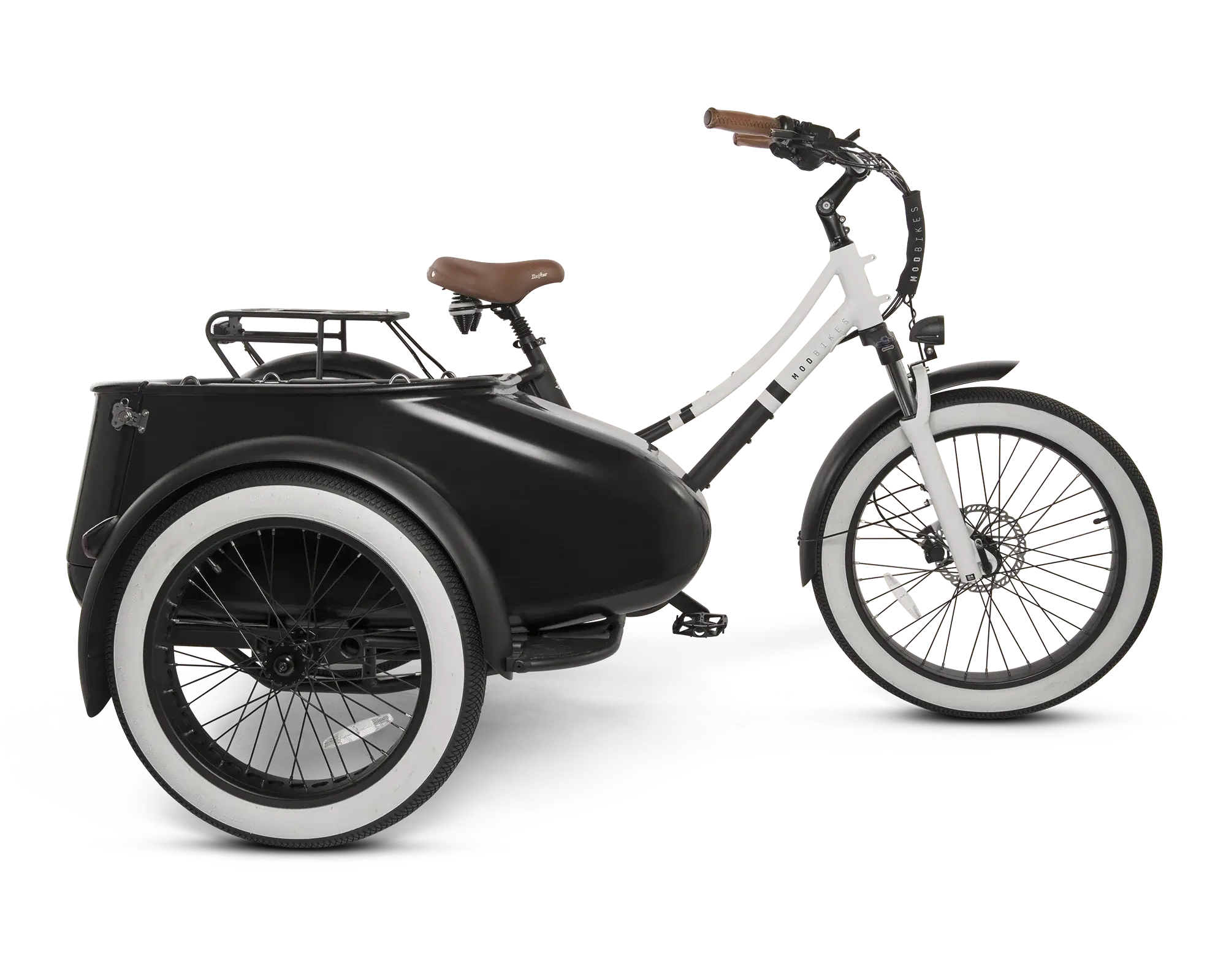 MOD Groove SideCar 3 beach cruiser with sidecar, step-through frame, wide tires, and stylish design for easy riding.
