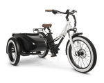 MOD Groove SideCar e-bike with sidecar and step-through frame, featuring wide tires and a powerful motor for beach cruising.