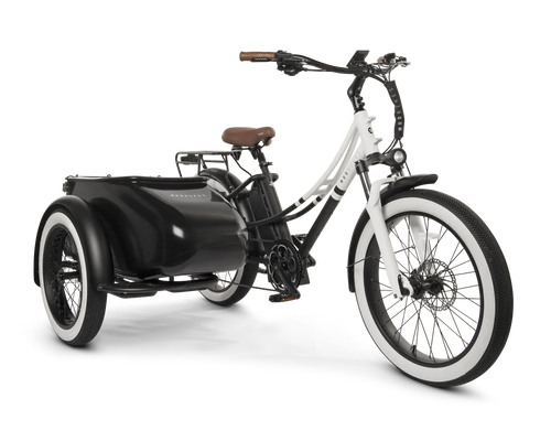 MOD Groove SideCar e-bike with sidecar and step-through frame, featuring wide tires and a powerful motor for beach cruising.