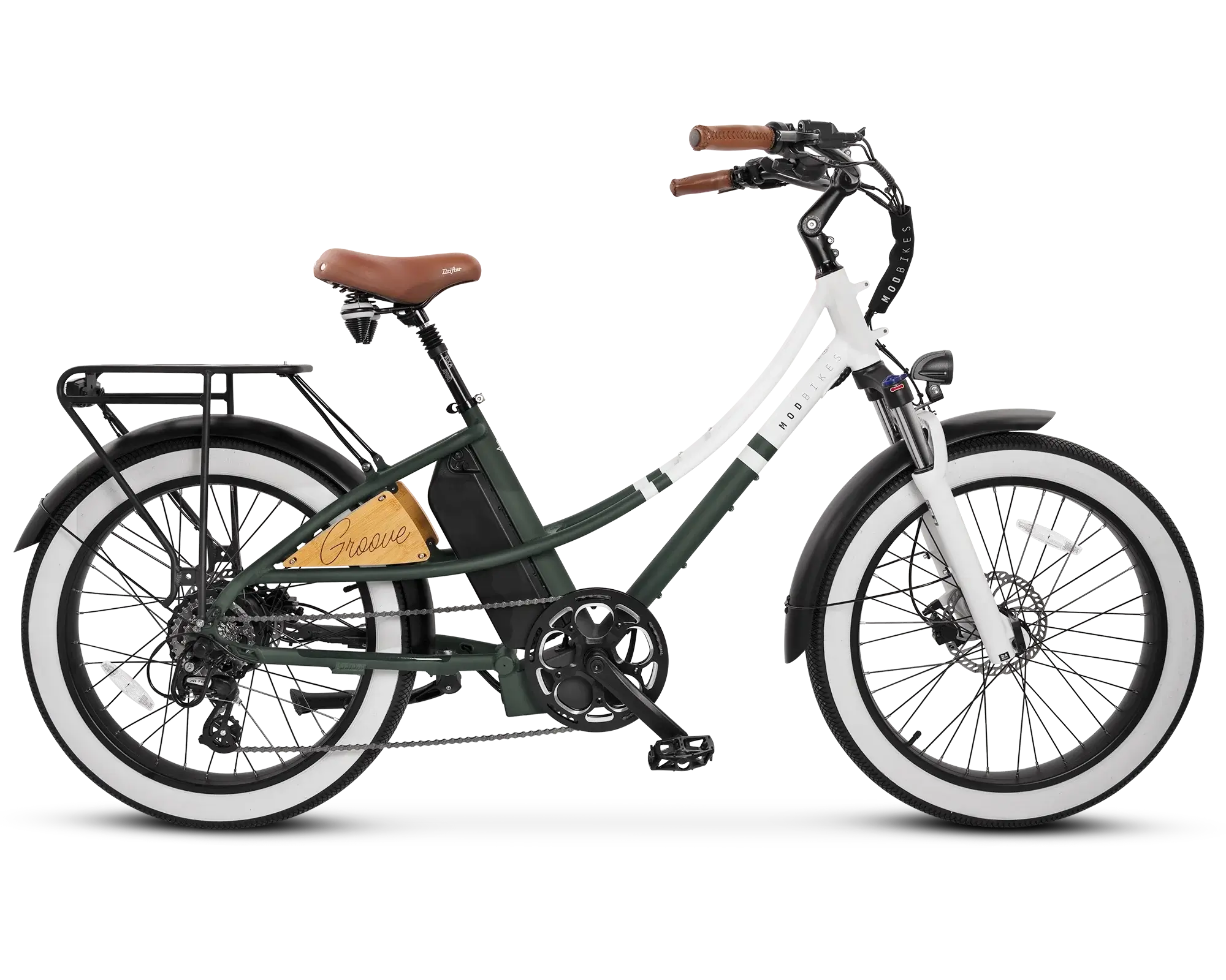 MOD Groove Step-Thru beach cruiser bike with wide tires and classic design, ideal for comfortable rides.