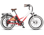 MOD Groove Step-Thru electric beach cruiser with wide tires and brown seat, featuring modern e-bike technology.