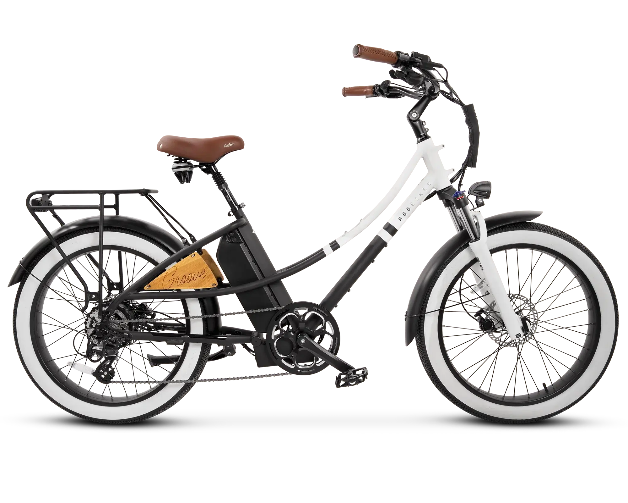 MOD Groove Step-Thru electric bike featuring a classic design and modern e-bike technology for comfort and style.