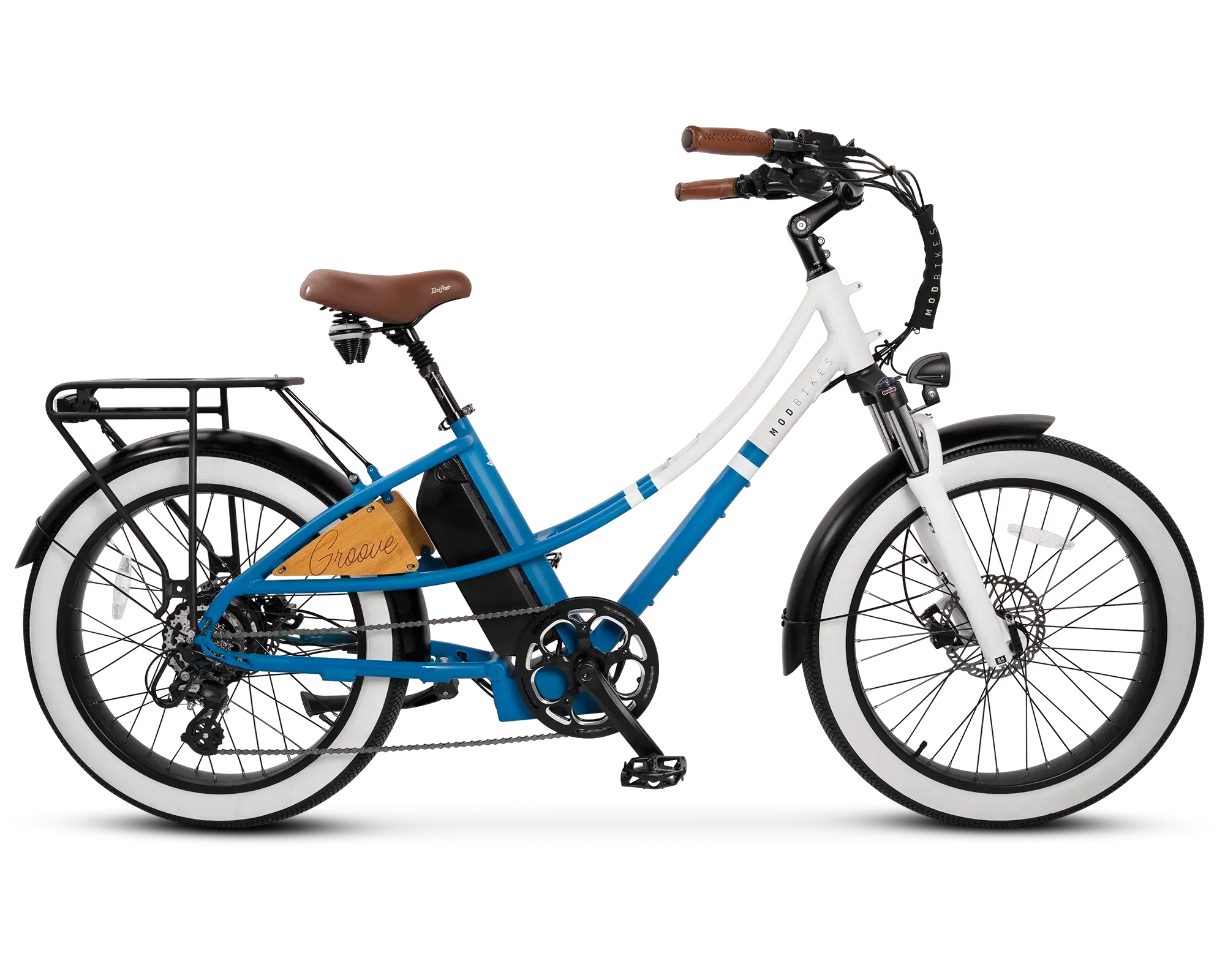MOD Groove Step-Thru electric beach cruiser bike with wide tires, powerful motor, and classic Americana design.